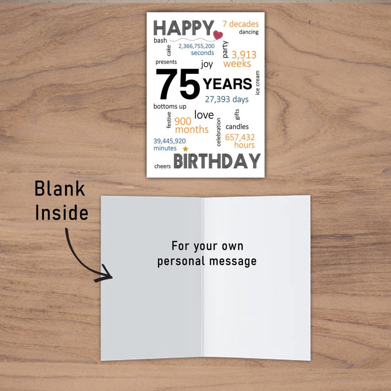The inside of the 75th birthday printable card is intentionally blank, allowing you to pen a heartfelt message, adding a personal touch to their special birthday.