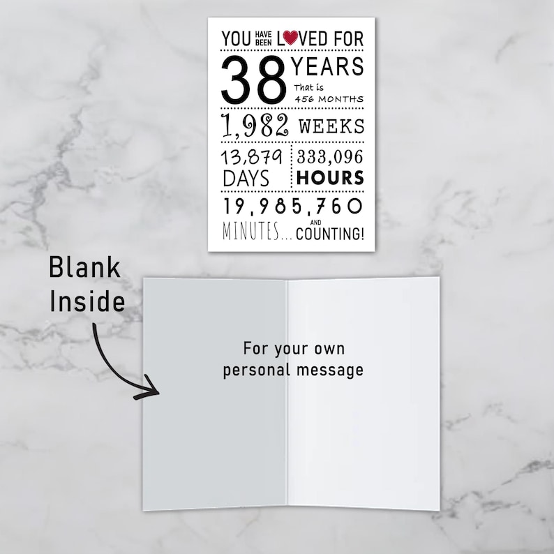 The inside of the 38th birthday printable card is left blank, giving you the space to write a heartfelt message and add a personal touch to their special birthday.