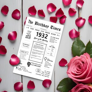 Red roses and petals encircle the 1932 birthday card, highlighting facts and news from that time: average income, popular headlines, life expectancy, inventions, item costs, world population, and fashion.