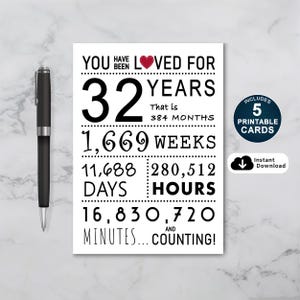 32e verjaardagskaart, afdrukbare verjaardagskaart, 32 jaar lang geliefd, 32e verjaardagskaart voor vrouw of echtgenoot