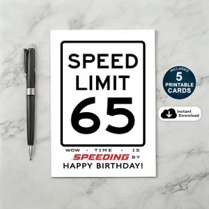 65e verjaardagskaart, verjaardagskaart maximumsnelheid, grappige 65e verjaardagskaart, afdrukbare verjaardagskaart