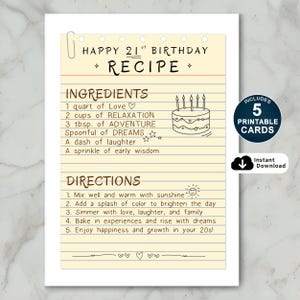 Carte 21e anniversaire, carte 21e anniversaire, carte 21e anniversaire imprimable, carte 21e anniversaire recette pour lui/elle, téléchargement immédiat