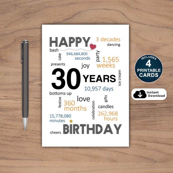 30th Birthday Card, Card For 30th Birthday, Printable 30th Birthday Card, Instant Download