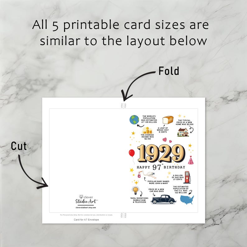 Each 1929 birthday card download includes clear, easy-to-follow instructions for printing, trimming, and folding, ensuring a smooth experience with all 5 birthday card versions.