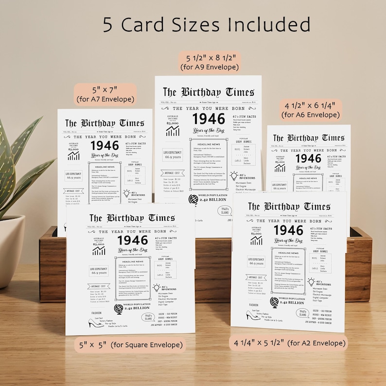 Our 1946 birthday printable card comes in the five most common birthday card sizes. Download instantly and choose the perfect card to send to your loved one for a joyous 1946 birthday celebration.