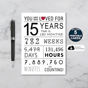 Tarjeta de cumpleaños número 15, tarjeta de cumpleaños imprimible, te han amado durante 15 años, tarjeta de cumpleaños número 15 para hija o hijo
