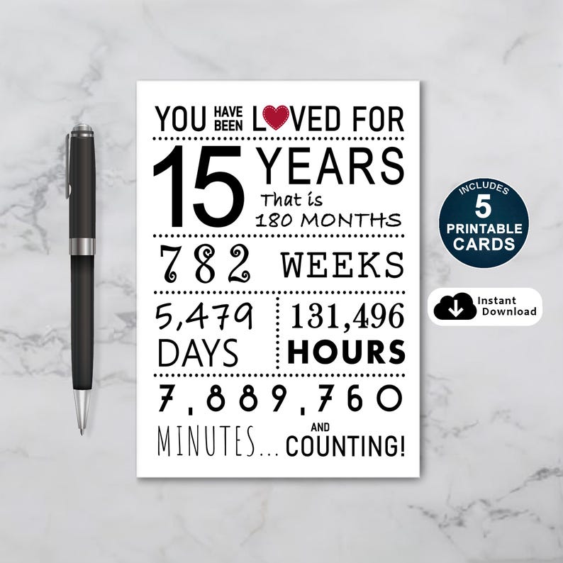 Celebrate a 15th birthday in style with our exclusive birthday card, available in five popular sizes. Instantly download and choose the perfect card to make your loved one's special day even more memorable.