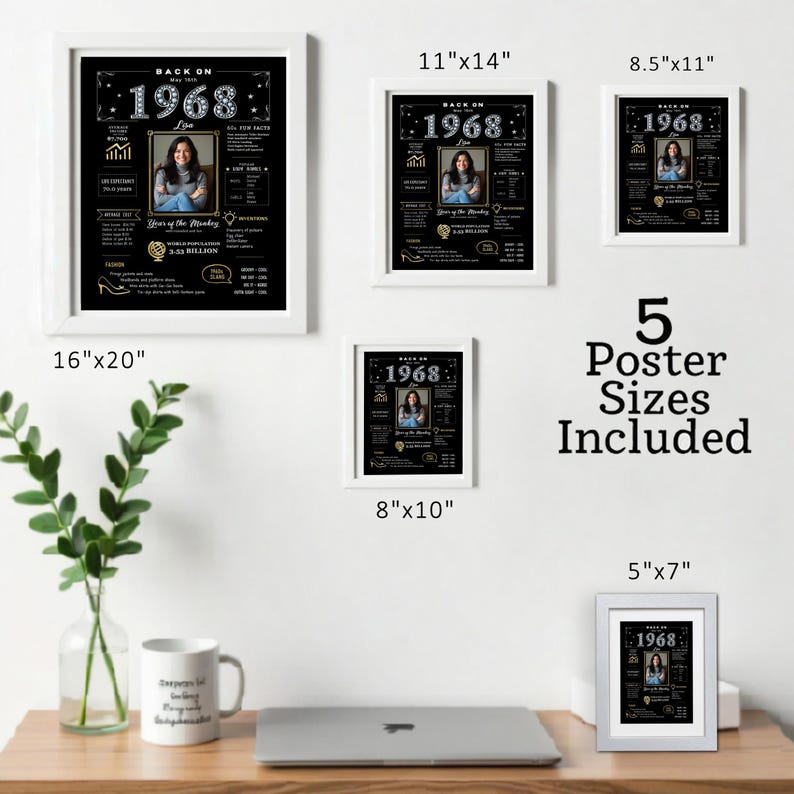 Our 1968 birthday printable comes in 5 sizes, ready for instant download. Perfect for parties, home décor, or framing, it can be personalized with a name, birth date, and photo for a timeless keepsake.