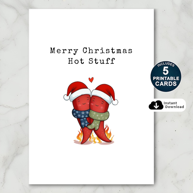 This festive card features two adorable hot peppers hugging in love, complete with a flame underneath and Santa hats for a holiday touch. The playful message, Merry Christmas Hot Stuff, adds a romantic vibe—perfect for your partner this Christmas!