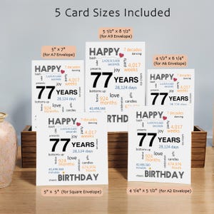 Commemorate their 77th birthday with our printable birthday card, available in five popular sizes. Instantly download and choose the perfect one to send to your loved one for a memorable birthday celebration.