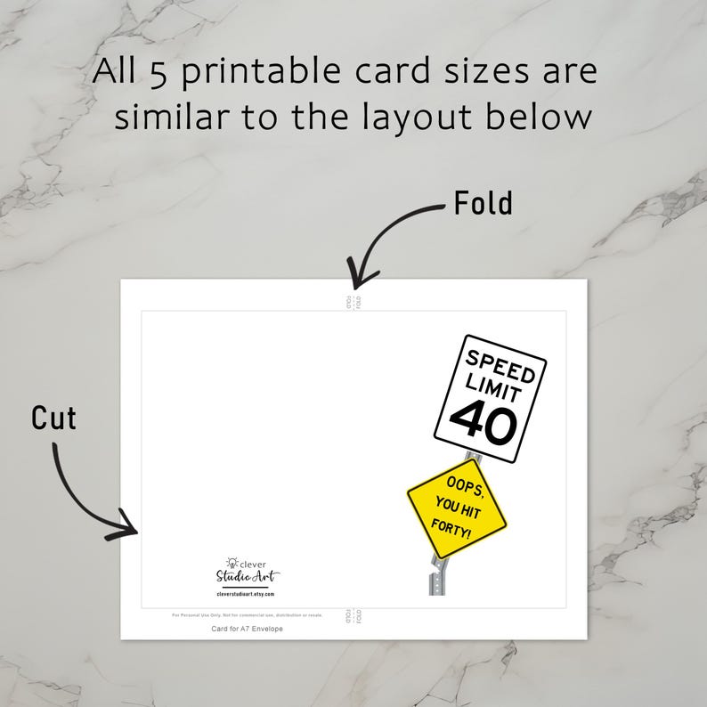 The 40th Birthday Card template includes clear guidelines for cutting and folding after printing. This consistent layout ensures ease of use across all five sizes.