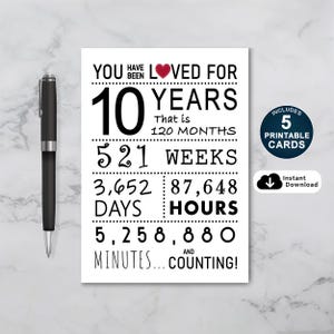 10e carte d'anniversaire, carte d'anniversaire imprimable, vous avez été aimé 10 ans, carte de 10e anniversaire pour fille ou fils
