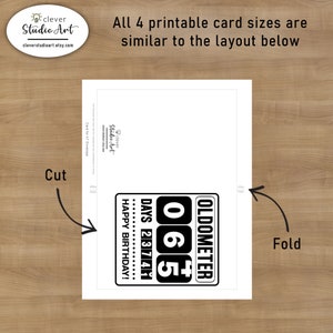 The template of the printable 65th Birthday Oldometer Birthday Card shows where to cut and fold the birthday card after printing it