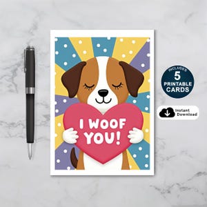 Cute dog-themed Valentine greeting card featuring a brown and white puppy holding a large pink heart that reads I Woof You. The dog has closed eyes and a gentle smile, set against a colorful polka dot background.
