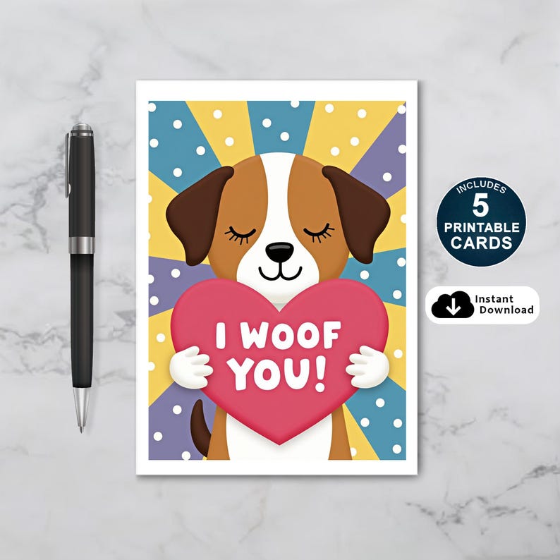 Cute dog-themed Valentine greeting card featuring a brown and white puppy holding a large pink heart that reads I Woof You. The dog has closed eyes and a gentle smile, set against a colorful polka dot background.