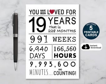 19e verjaardagskaart: 19 jaar geliefd afdrukbaar (pdf)