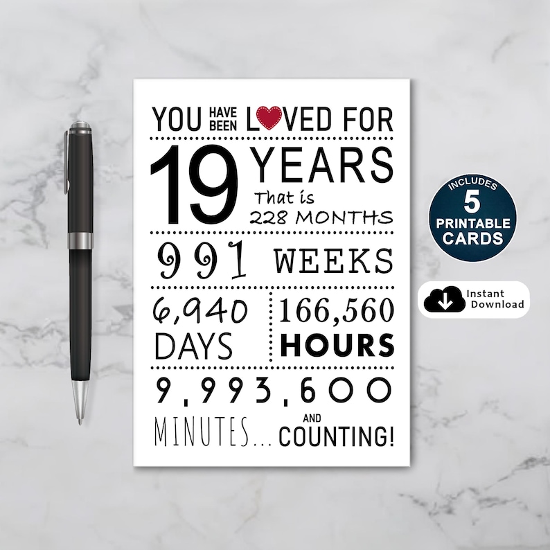 Celebrate a 19th birthday in style with our exclusive birthday card, available in five popular sizes. Instantly download and choose the perfect card to make your loved one's special day even more memorable.