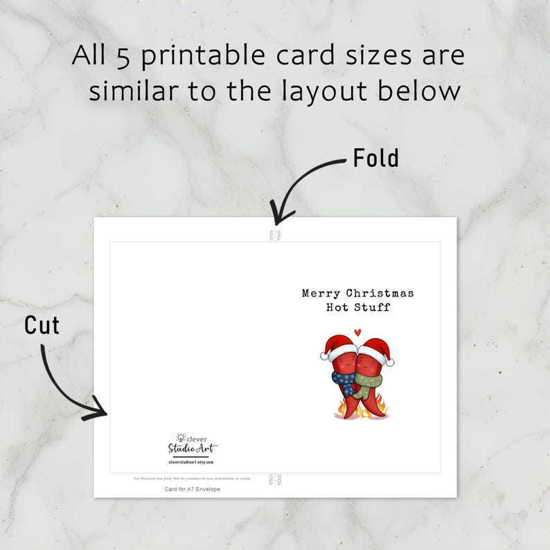 This festive card features two hot peppers hugging in love, with a flame below and Santa hats for a holiday touch. The playful message, Merry Christmas Hot Stuff, adds spice to your holidays. Each card is simple to print and cut for ease of use