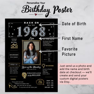 Available in 5 sizes for instant download, our 1968 birthday poster adds retro charm to any celebration or space. Personalize with a name, birth date, and photo for a unique keepsake.