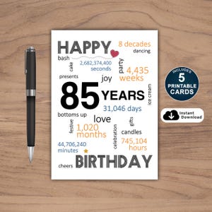 85. Geburtstagskarte, Karte für 85. Geburtstag, Printable 85. Geburtstagskarte, Sofort Download