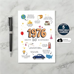 1976 Birthday Card, 50th Birthday Gift, Fun Facts (Instant Download)