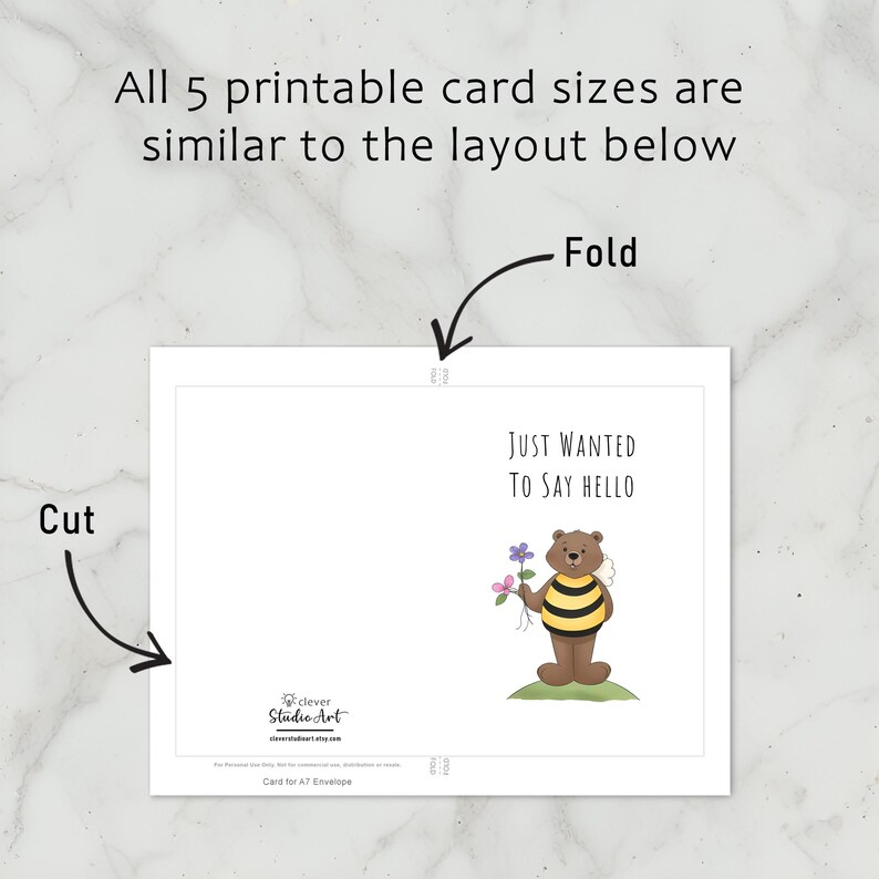 The 'Just Wanted To Say Hello' Card template includes clear cutting and folding guidelines after printing, ensuring ease of use across all five sizes