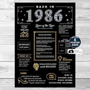 Back In 1986 Poster, Printable 39th Birthday Sign, Birthday Party Decorations, 1986 Birthday Sign For Him or Her, INSTANT DOWNLOAD