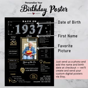 Available in five sizes for instant download, this 1937 birthday poster brings charm to any celebration or space, personalized with their name, birth date, and photo for a truly unique keepsake.