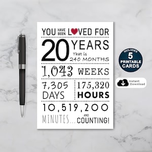 Cartão de aniversário de 20 anos, cartão de aniversário para impressão, você foi amado por 20 anos, cartão de aniversário de 20 anos para filha ou filho