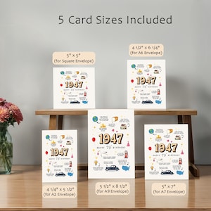 This 1947 birthday card printable comes in 5 popular sizes and is available for instant download, so you can choose the perfect one to share and celebrate a special 1947 birthday.