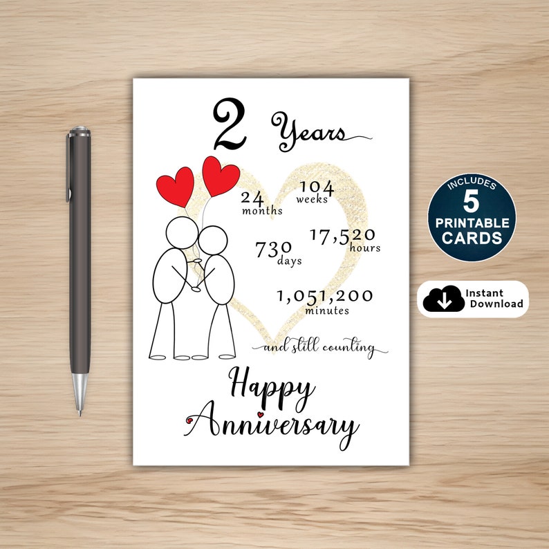 Celebrate your 2 years with our anniversary card, available in the five most popular sizes. Download instantly and choose the perfect card to send to your loved one for a joyous anniversary celebration.