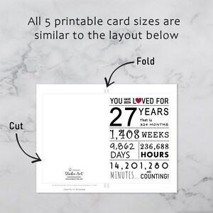 The 27th birthday card template includes clear guidelines for cutting and folding after printing, ensuring a consistent and user-friendly experience across all five sizes.