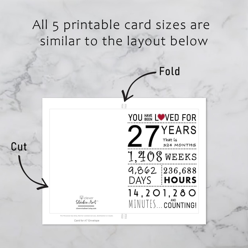 The 27th birthday card template includes clear guidelines for cutting and folding after printing, ensuring a consistent and user-friendly experience across all five sizes.