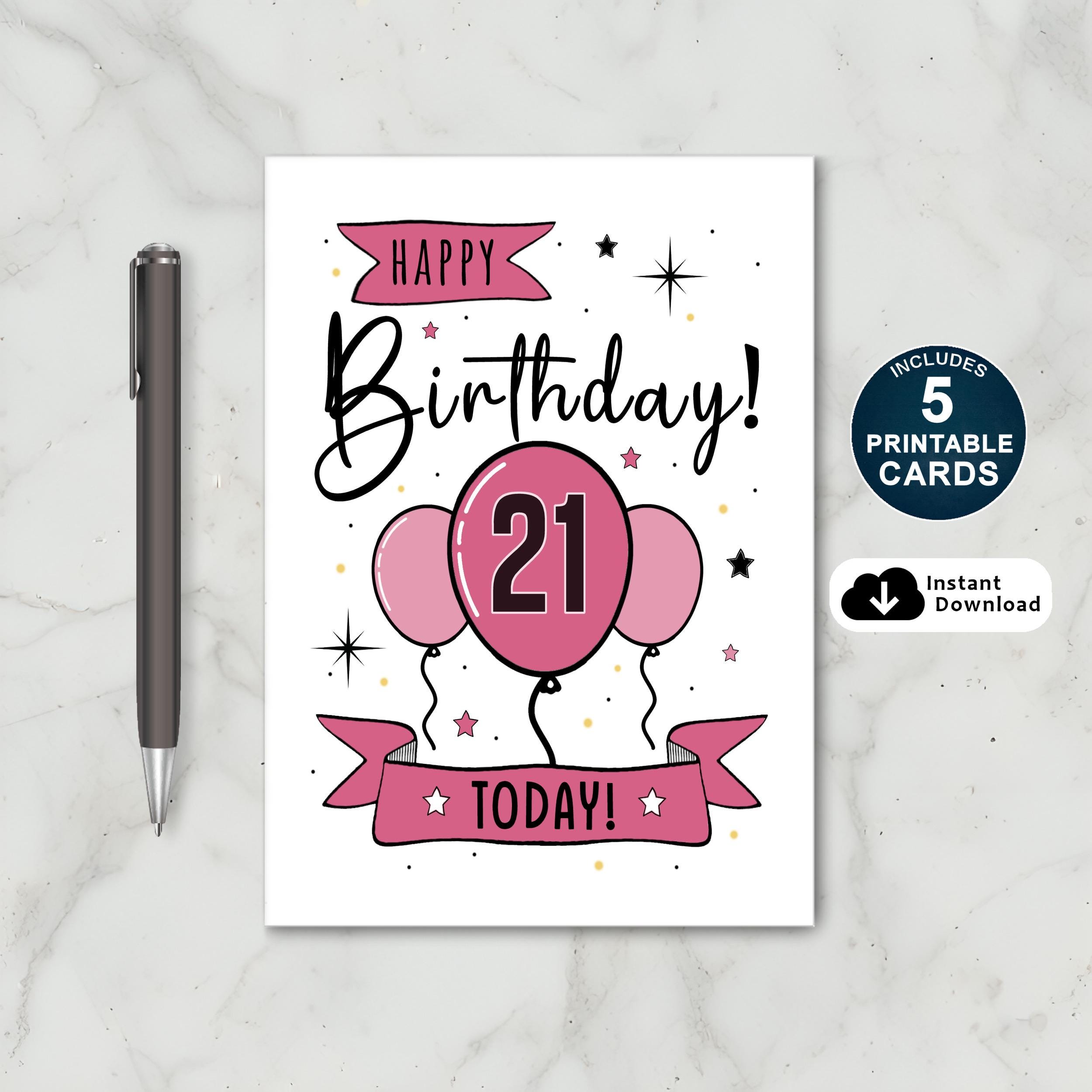 printable 21st birthday card: pink balloons, stars (pdf) - etsy uk
