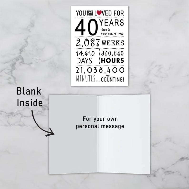 The inside of the 40th birthday printable card is left blank, giving you the space to write a heartfelt message and add a personal touch to their special birthday.