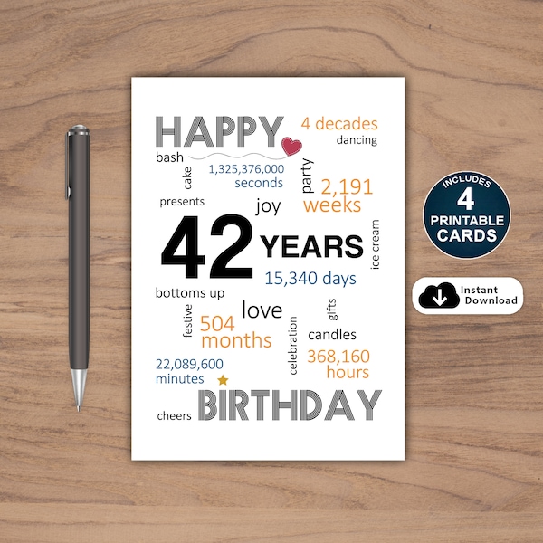 42nd Birthday Card, Card For 42nd Birthday, Printable 42nd Birthday Card, Instant Download