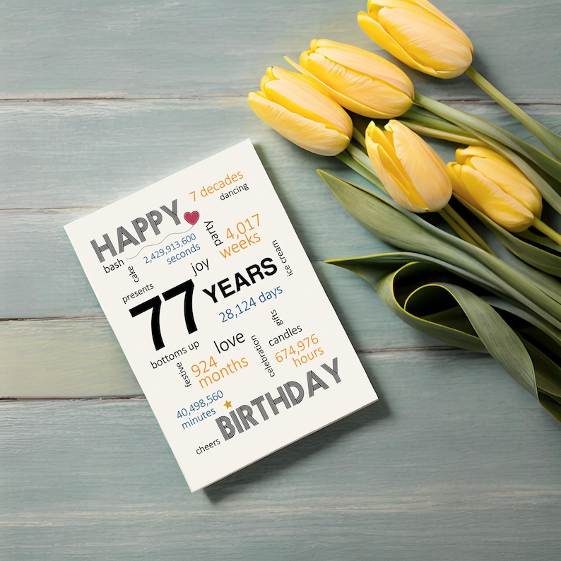 Commemorate their 77th birthday with an enchanting card next to a beautiful display of yellow flowers. It features joyful wishes like dancing, cake, festive, and a special mention of the exact years, months, days, and hours they have been alive.