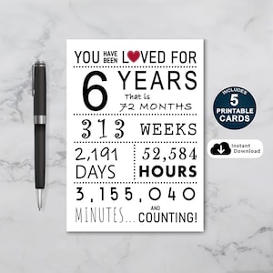 Tarjeta de sexto cumpleaños, tarjeta de cumpleaños imprimible, te han amado durante 6 años, tarjeta de sexto cumpleaños para hija o hijo