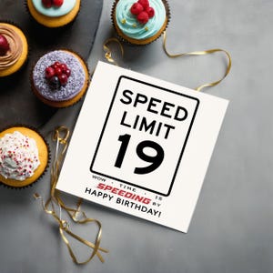 Celebrate their 19th birthday with our Speed Limit Birthday Card, beautifully showcased alongside some cupcakes. This delightful pairing adds a memorable touch to their special day, marking the beginning of an exciting new chapter in their life.