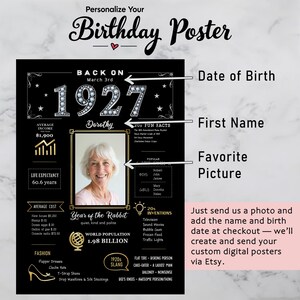 Available in five sizes for instant download, this 1927 birthday poster adds timeless charm to any celebration or space. Personalized with their name, birth date, and photo, it becomes a truly unique keepsake.