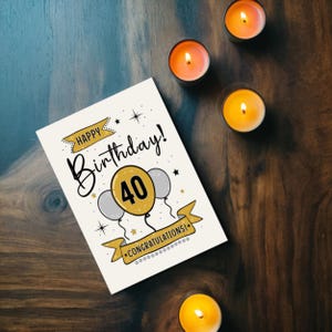 Mark their 40th birthday with our lovely Happy 40th Birthday card, displayed alongside glowing yellow and red candles. This charming combination brings a warm and memorable touch to their special day