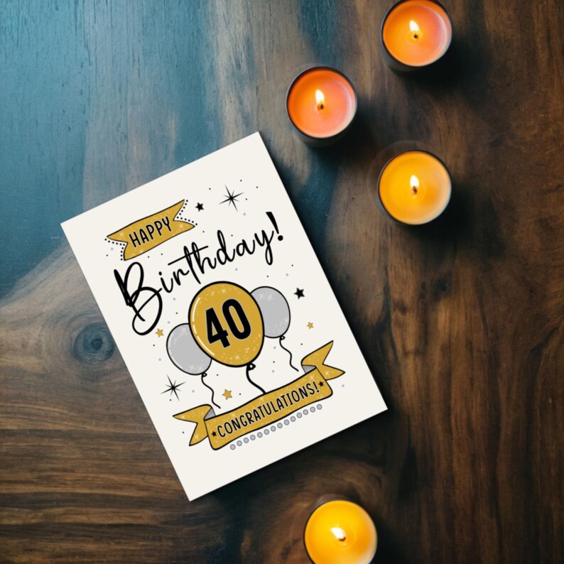 Mark their 40th birthday with our lovely Happy 40th Birthday card, displayed alongside glowing yellow and red candles. This charming combination brings a warm and memorable touch to their special day