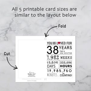 The 38th birthday card template provides clear guidelines for cutting and folding after printing. This consistent layout ensures ease of use across all five sizes.