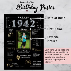Available in 5 sizes for instant download, this 1942 birthday poster brings retro charm to any celebration or space, personalized with their name, birth date, and photo for a truly unique keepsake.