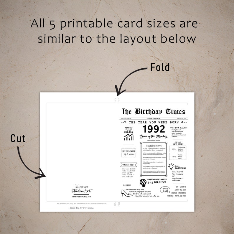 The 1992 birthday card template offers instructions for cutting and folding after printing. This consistent layout across all 5 1992 birthday cards, ensures a user-friendly experience.