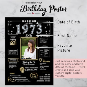 Available in 5 sizes and ready for instant download, our custom 1973 birthday printable is the perfect touch for any celebration or space.
Whether you’re decorating for a party, adding retro charm to your home, or gifting a heartfelt keepsake, this poster can be personalized with a name, birth date, and photo to make it truly one-of-a-kind.
