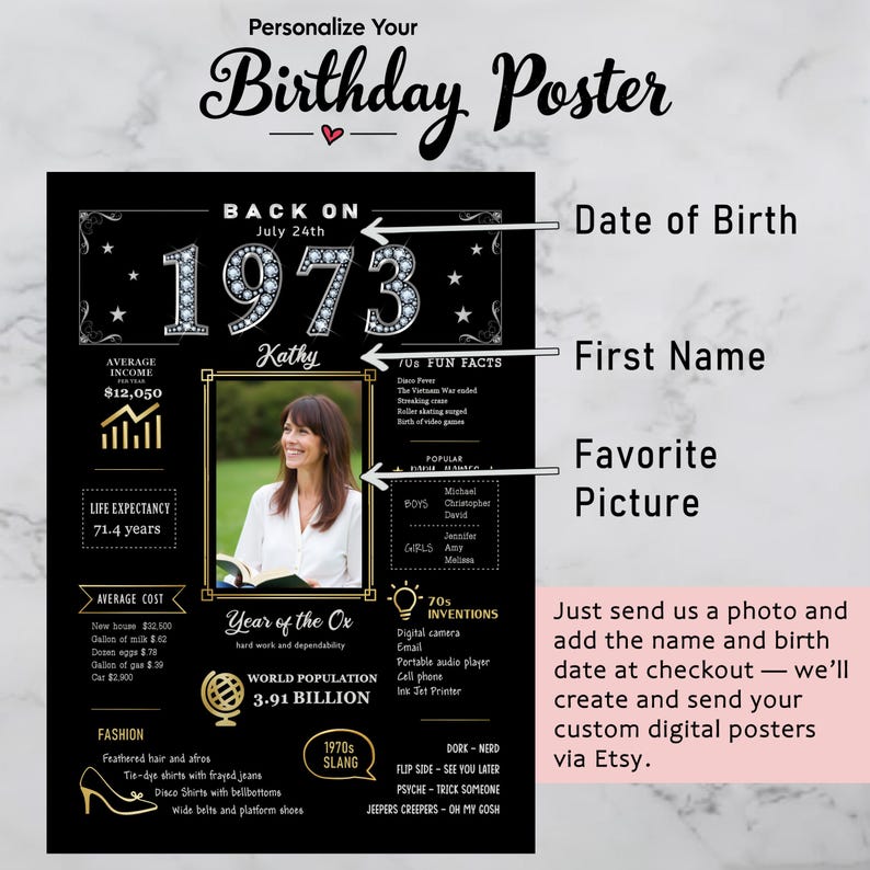 Available in 5 sizes and ready for instant download, our custom 1973 birthday printable is the perfect touch for any celebration or space.
Whether you’re decorating for a party, adding retro charm to your home, or gifting a heartfelt keepsake, this poster can be personalized with a name, birth date, and photo to make it truly one-of-a-kind.
