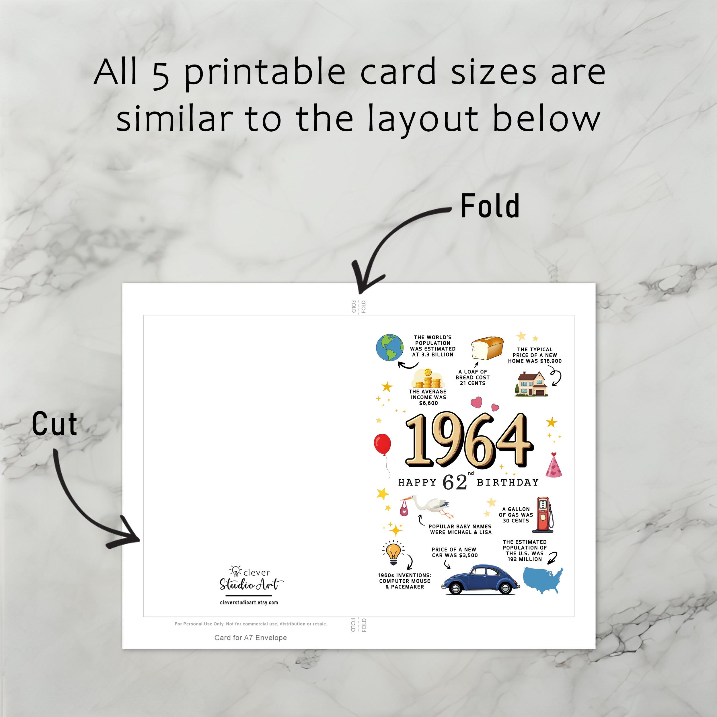 62nd Birthday Card, 1964 Fun Facts, Printable (instant Download