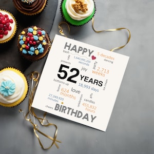Celebrate a 52nd birthday with an enchanting 5x5 inch card next to delicious cupcakes. The card features joyful wishes like bash, joy, gifts, dancing, and a special mention of the exact years, months, days, and hours they have been alive.