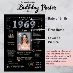Available in 5 sizes for instant download, our 1969 birthday poster adds retro charm to any celebration or space. Personalize with a name, birth date, and photo for a unique keepsake.